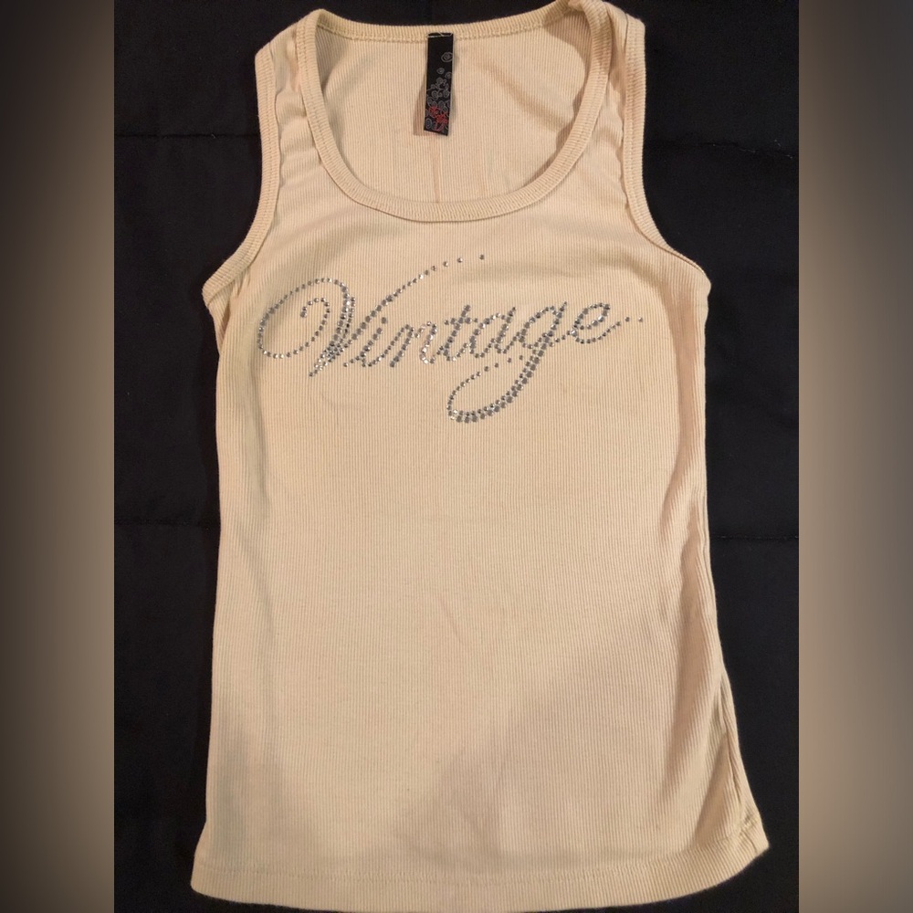 Zara Cream Tank Top with 'Vintage' Rhinestone Script